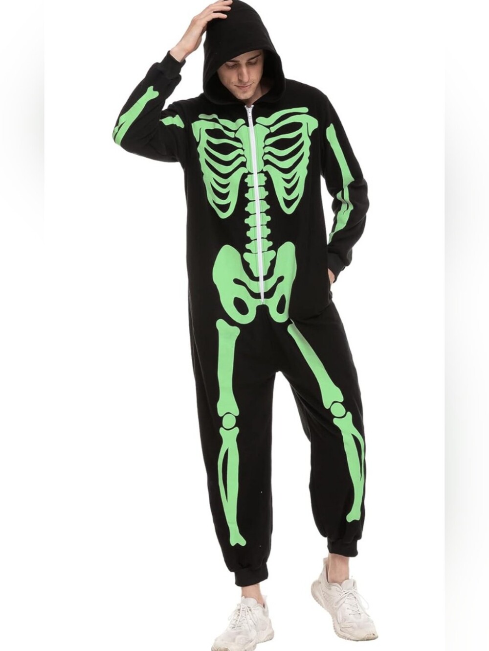 SPOOKTACULAR CREATIONS Skeleton Onesie Hooded Glow In The Dark Green Adult Small